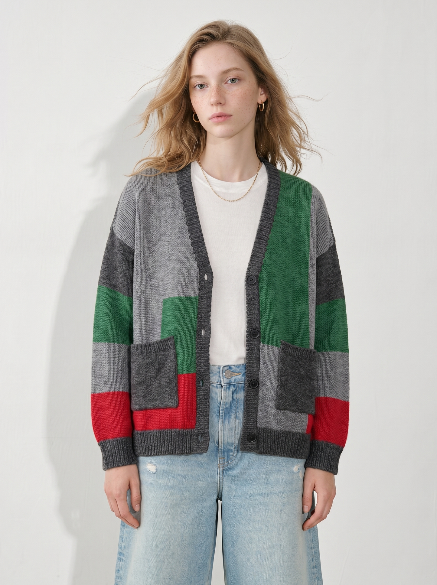 A-04 Geometric Color-Block Cardigan