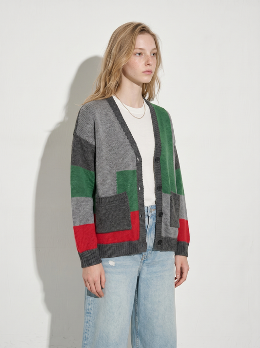 A-04 Geometric Color-Block Cardigan